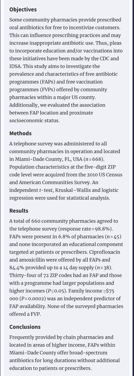 @SIDPharm @CDC_AR @SHEA_Epi @accpinfdprn I think first of access and this work for example we did a while ago now on that topic which made me really reflect on “drug deserts” as an issue for ID pts. #AbxRxEquity 

academic.oup.com/jac/article/70…