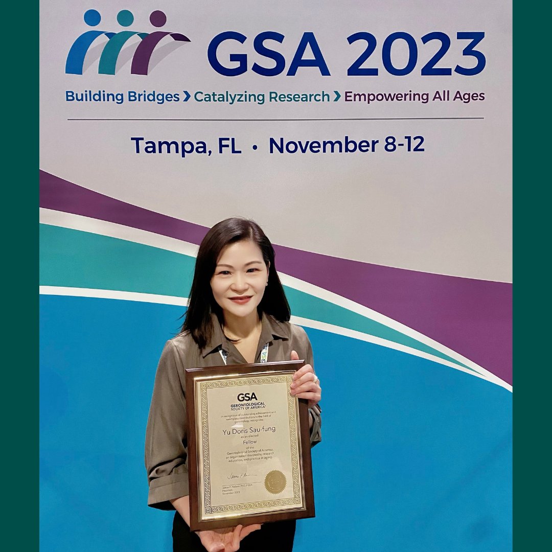 Congrats to Prof Doris Yu (@DorisSFYu) for being selected as one of the 2023 Fellows of the Gerontological Society of America (@geronsociety). This fellowship is a recognition of the outstanding contributions of exemplary professionals to the field of gerontology.@hku_son @hkumed