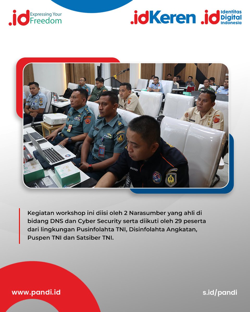 Pandi_ID's tweet image. Kegiatan workshop ini diisi oleh 2 Narasumber yang ahli di bidang DNS dan Cyber Security serta diikuti oleh 29 peserta dari lingkungan Pusinfolahta TNI, Disinfolahta Angkatan, Puspen TNI dan Satsiber TNI.  

#PANDI #BanggaPakaiID #DomainID #DomainIndonesia