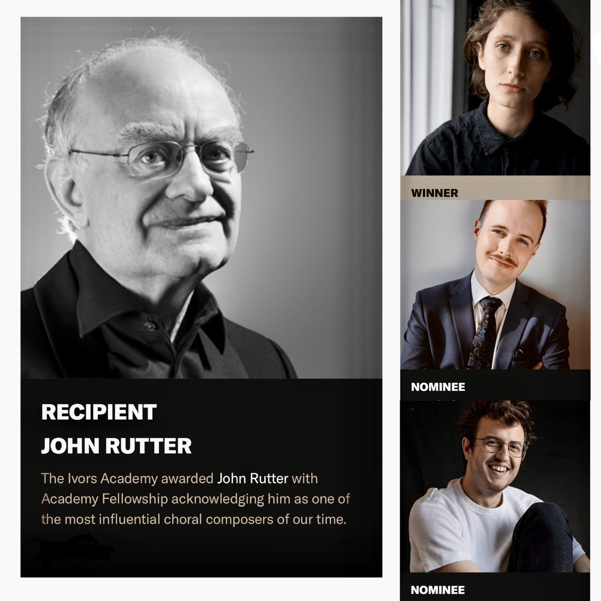 A formidable @IvorsAcademy evening for @ClareCollege @ClareChoir alumni: @johnmrutter awarded Fellowship, @jsphnstphnsn won Best Small Chamber Composition; @castlesounds & @WMarsey nominees in Community+Participation & Chamber Ensemble categories respectively. Congrats all! 👏👏