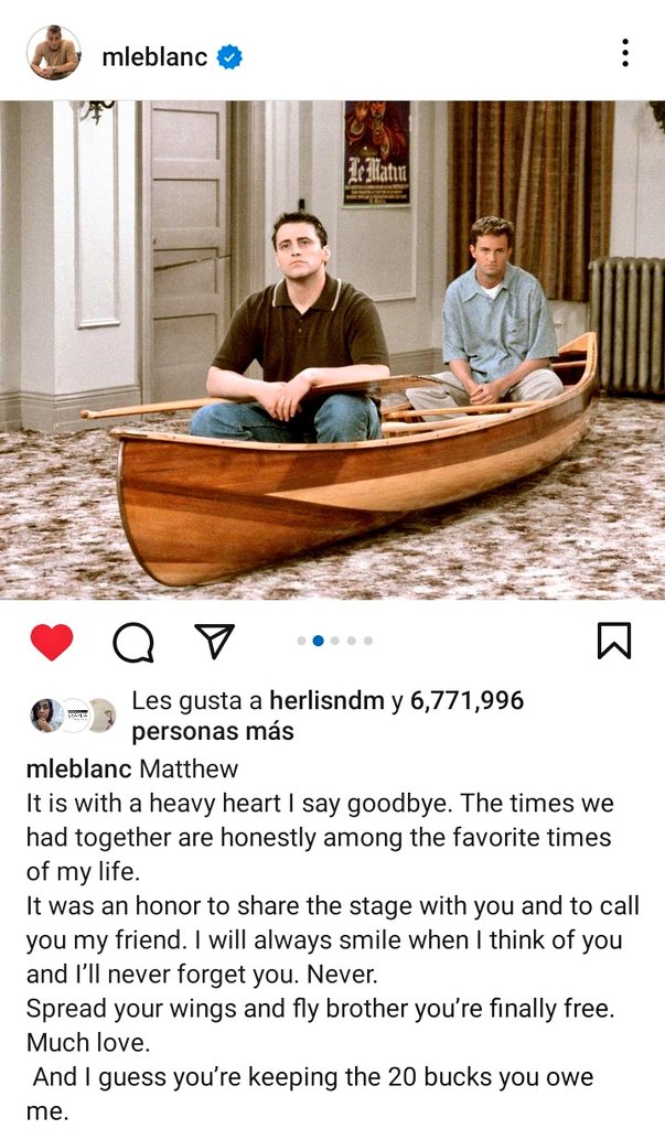 eliamendoza's tweet photo. "Por fin eres libre... " Matt LeBlanc despide a Matthew Perry. 

No estaba preparada para esto. 💔 https://t.co/3HWlSv17wK