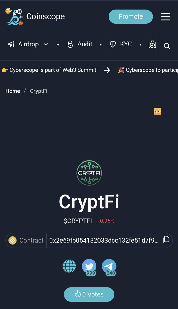 Cryptfiproject's tweet photo. Cryptfi has officially been listed! 🎉 Check out our profile on Coinscope to stay updated on the latest stats and trends. Let's soar to new heights together! 🚀🌐 #Cryptfi #CryptoListing #BlockchainRevolution

🔗 https://t.co/H23AGkCCwL" https://t.co/ZrECnlIKlE