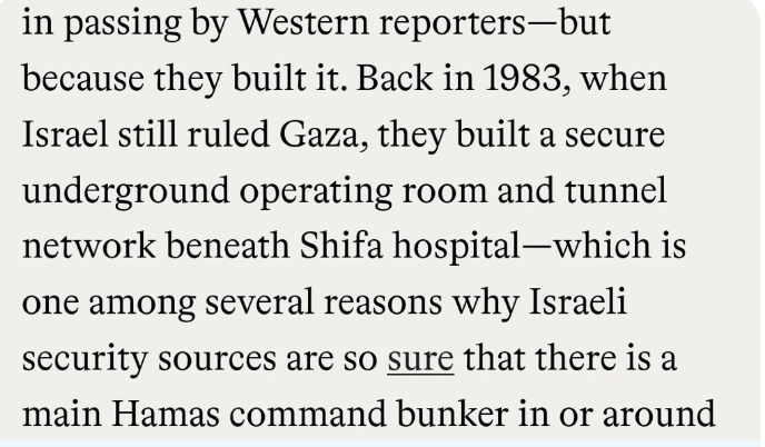 Partisangirl's tweet photo. BREAKING🚨 The IDF built a basement/bunker under Al Shifa hospital in 1983. That's how they know it is there. The Israelis will use this as an excuse to commit their warcrimes in the hospital. 

Source Tablet mag: https://t.co/kjfoRilOkX https://t.co/DmXLQNJqb4