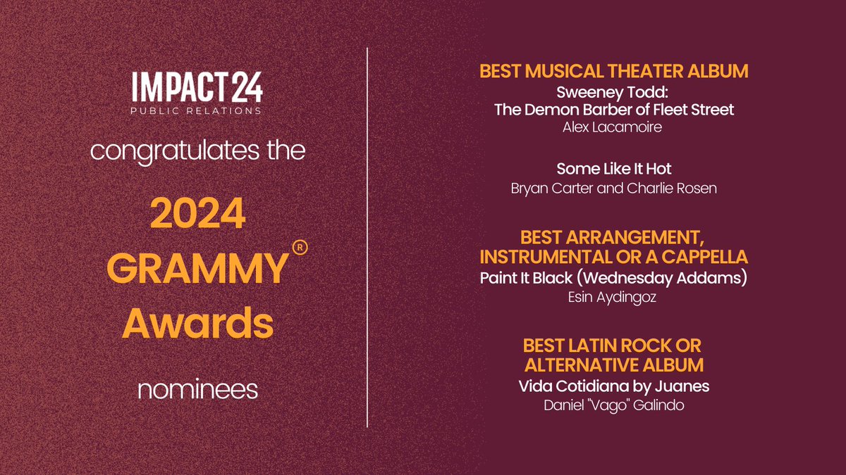 Impact24 PR (@impact24pr) on Twitter photo Congratulations to @lacketylac, <a href="/BryanCarterJazz/">Bryan Carter</a>, <a href="/CRosenMusic/">Charlie Rosen</a>, <a href="/esinaydingoz/">esin aydingoz</a>, and Daniel "Vago" Galindo on their 2024 GRAMMY Awards® nominations!
<a href="/RecordingAcad/">Recording Academy / GRAMMYs</a> <a href="/SweeneyToddBway/">Sweeney Todd</a> <a href="/SLIHmusical/">Some Like It Hot Musical</a> <a href="/wednesdayaddams/">Wednesday Addams</a> #VidaCotidiana #Wednesday #GRAMMYs Congratulations to @lacketylac, <a href="/BryanCarterJazz/">Bryan Carter</a>, <a href="/CRosenMusic/">Charlie Rosen</a>, <a href="/esinaydingoz/">esin aydingoz</a>, and Daniel "Vago" Galindo on their 2024 GRAMMY Awards® nominations!
<a href="/RecordingAcad/">Recording Academy / GRAMMYs</a> <a href="/SweeneyToddBway/">Sweeney Todd</a> <a href="/SLIHmusical/">Some Like It Hot Musical</a> <a href="/wednesdayaddams/">Wednesday Addams</a> #VidaCotidiana #Wednesday #GRAMMYs