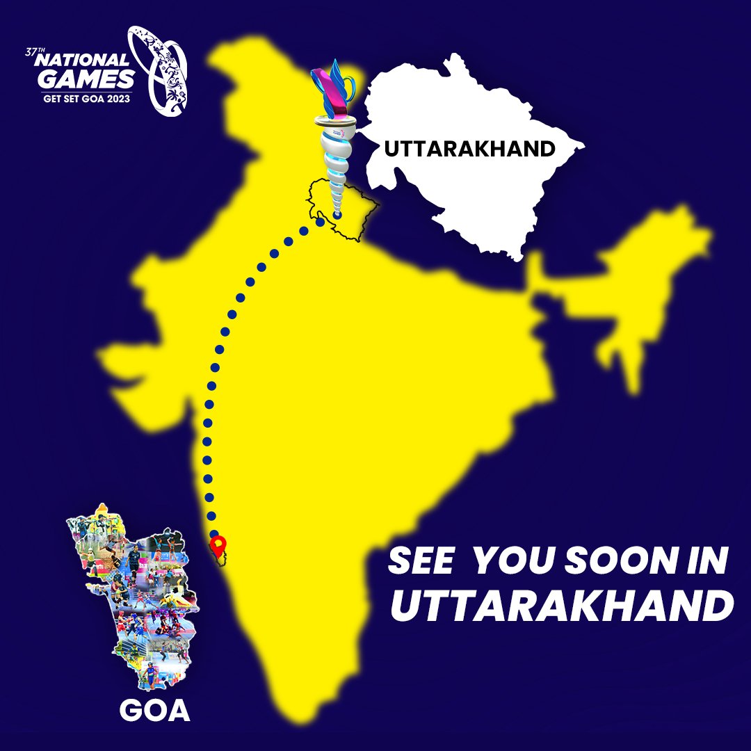 Nat_Games_Goa's tweet photo. The baton of sporting legacy moves forward! 🏆

Passing on the flame from Goa to Uttarakhand as they gear up to host the #38thNationalGames.
Excitement builds for the #38thNationalGames in the lap of the Himalayas. 

#GetSetGoa

@WeAreTeamIndia @IndiaSports @Media_SAI https://t.co/5dSSMuTPFr