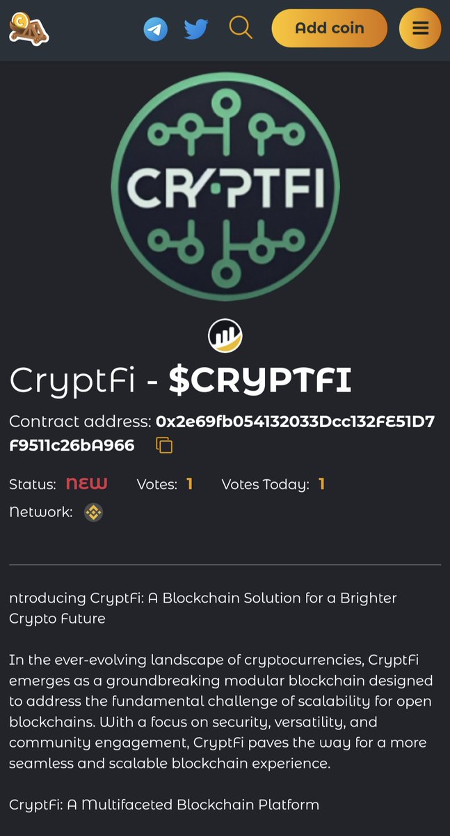 Cryptfiproject's tweet photo. "🚀 Exciting News! Cryptfi has been listed on CoinCatapult, a trusted platform for crypto enthusiasts! 🌐✨ Explore our project and stay updated on the latest developments. Check us out on CoinCatapult: https://t.co/7rUNbVdEyL 🚀💎 #Cryptfi #CryptoListing #Blockchain" https://t.co/6zKqlOgMs5