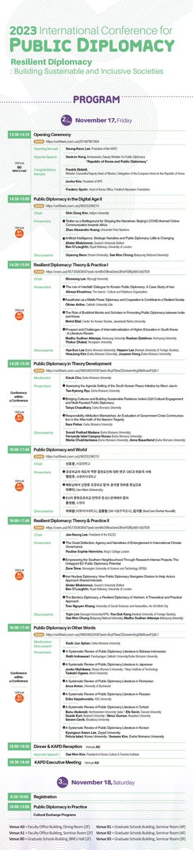 2023 International Conference for #PublicDiplomacy is happening this week. See the program here. Korean Association for #PublicDiplomacy (@JournalofPD) organizes the conference.