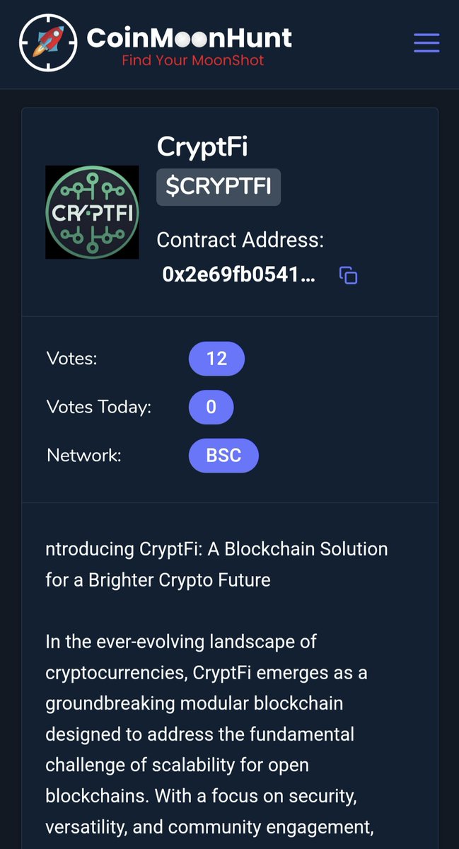 Cryptfiproject's tweet photo. Cryptfi has officially secured a spot on https://t.co/0zz2KqVXW9! 🌕 Dive into our page for the freshest updates and become part of our thriving community. Together, let's aim for unprecedented heights! 🚀🌐 #Cryptfi #CryptoListing https://t.co/pa7H6RxsKy