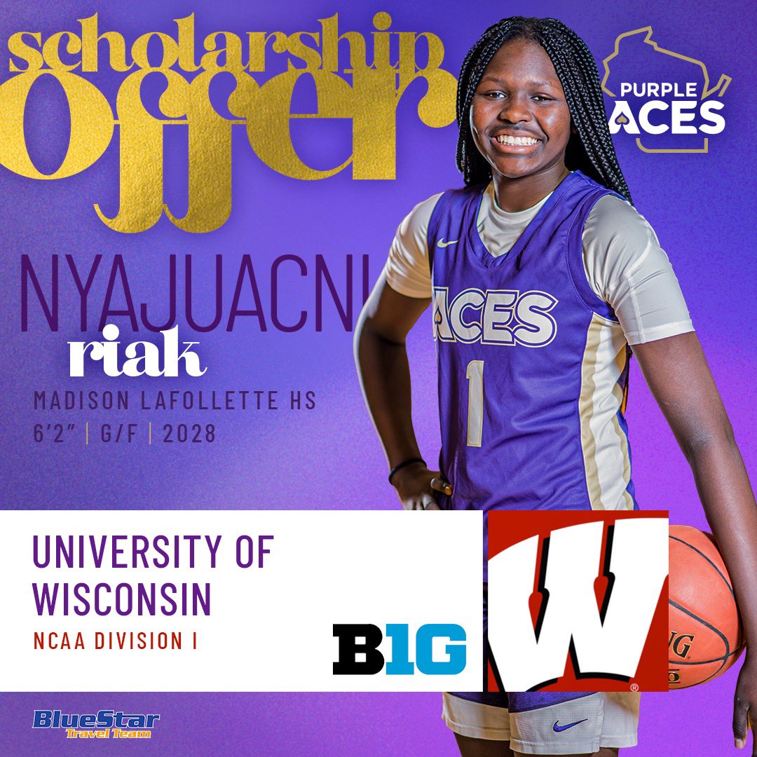 ⭐️Nyajuacni Riak
⛹🏾‍♀️2028/8th Grade
🏀6’2” G/F
🐤@NyajuacniRiak
🏛️will attend Madison La Follette HS

Earned a scholarship offer from Head Coach Marisa Moseley and the Wisconsin Badgers of the Big Ten Conference‼️

💜♠️ #AcesEarnIt #PlayAces #ICYMI #wisgb