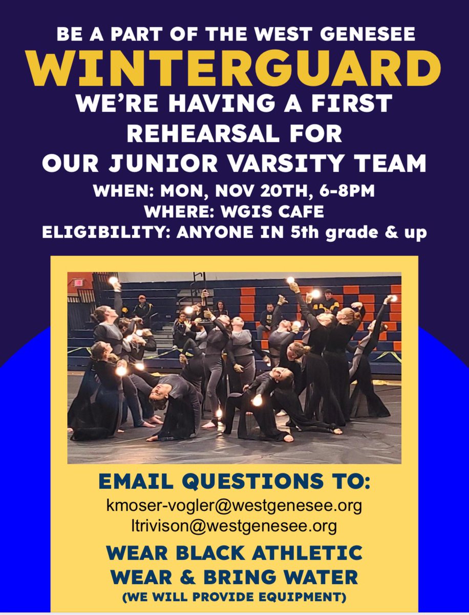 Want to be a part of colorguard but don’t know where to start? Monday starts our brand new JV team practices. No tryouts. No experience necessary. Come check us out in the WGIS cafe from 6-8pm.

Email Ms. Moser-Vogler or Mrs. Trivison with questions.
<a href="/WGFineArts/">West Genesee Fine Arts</a> <a href="/WestGeneseeCSD/">West Genesee Schools</a>