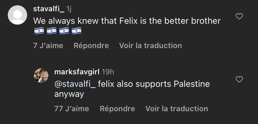 I usually wouldn’t share the accounts of skz family members but Olivia’s (Felix’s younger sister) latest post is being SPAMMED by awful comments from zionists calling her all type of names bc she put a donation link to Gaza in her bio. PLS go leave her lovely comments