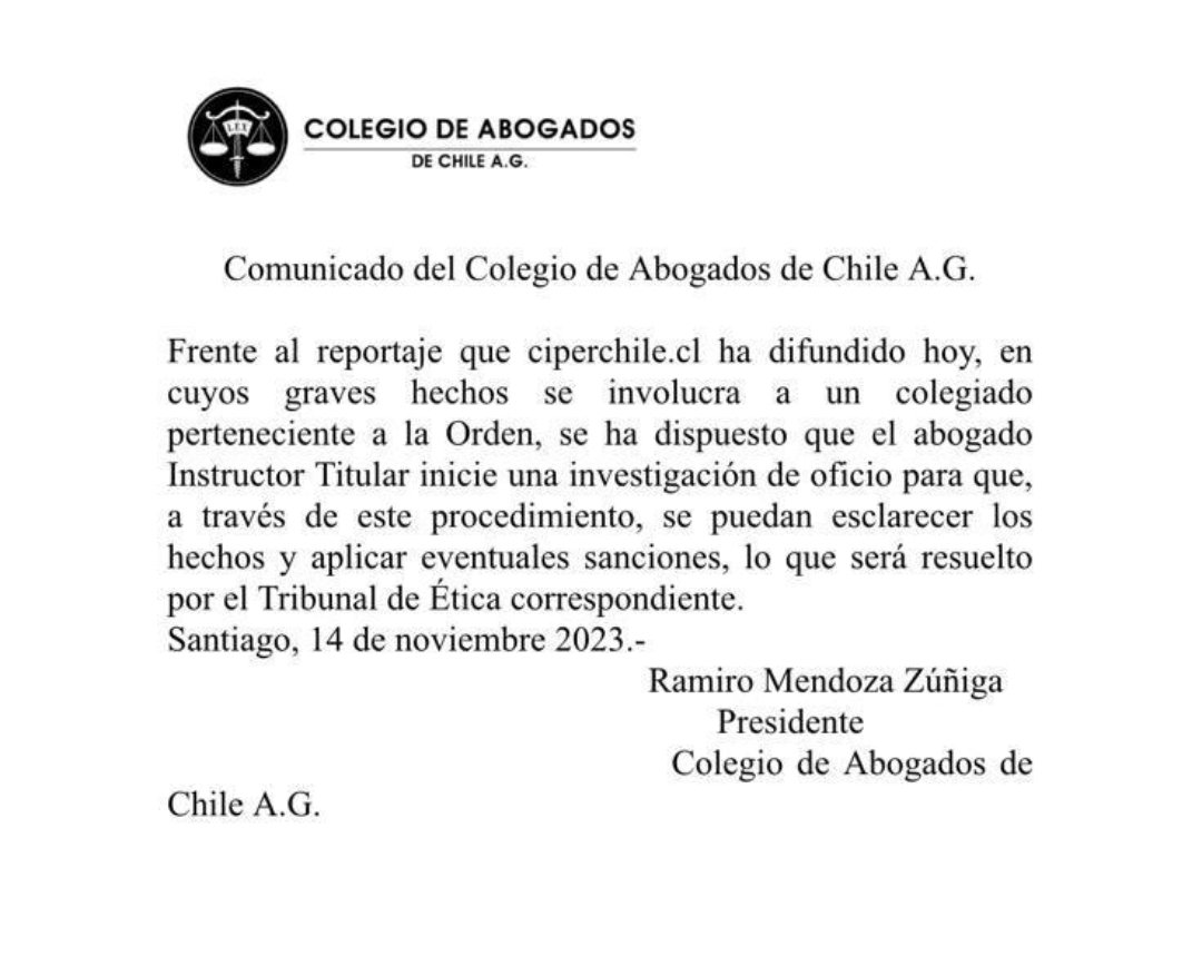PaulaVargas_DF's tweet photo. Colegio de Abogados también se pronuncia por audios revelados en investigación de @ciper y que involucran a penalista Luis Hermosilla 👇 https://t.co/s4KaAMa1fr