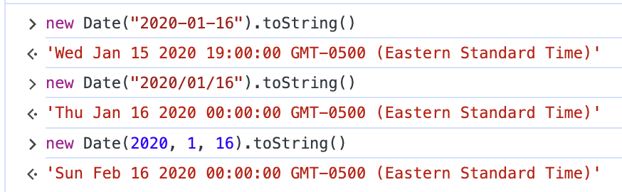 It looks like JavaScript is having a hard time finding a date. So apparently hyphen-separated dates denote UTC, slash-separated dates denote local time, and integers denote local time but with a zero-indexed month. Because of course they do. (HT Willow Chargin.)