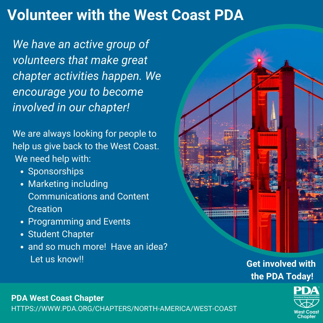 At PDA, our mission is to advance pharmaceutical manufacturing science and regulation so members can better serve patients.

Consider becoming a volunteer for the West Coast PDA.  You can help out the community and meet some great people!

pda.org/chapters/north…

<a href="/PDAonline/">PDA</a>