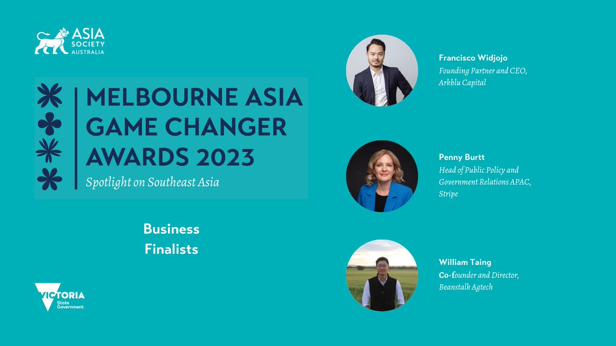 Asia Society Australia (@asiasocietyaus) on Twitter photo Congratulations to our finalists for the Melbourne Asia Game Changer Awards 2023 - Business category - @FGWidjojo (<a href="/arkblucap/">Arkblu Capital</a>), <a href="/PennyBurtt/">Penny Burtt</a> (<a href="/stripe/">Stripe</a>) and William Taing (<a href="/beanstalkagtech/">Beanstalk AgTech</a>)!
Come along and celebrate with us, book your ticket now: ow.ly/HoFm50Q6MoH Congratulations to our finalists for the Melbourne Asia Game Changer Awards 2023 - Business category - @FGWidjojo (<a href="/arkblucap/">Arkblu Capital</a>), <a href="/PennyBurtt/">Penny Burtt</a> (<a href="/stripe/">Stripe</a>) and William Taing (<a href="/beanstalkagtech/">Beanstalk AgTech</a>)!
Come along and celebrate with us, book your ticket now: ow.ly/HoFm50Q6MoH