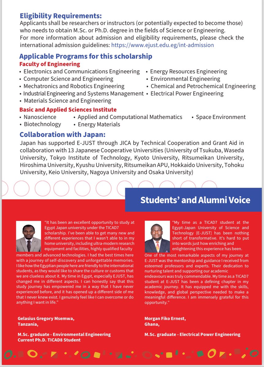 Egypt-Japan University of Science and Technology (E-JUST) invites applicants from African Countries to apply for E-JUST Postgraduate studies under TICAD8 Scholarships for fall 2024 international admission

For more details
ejust.edu.eg