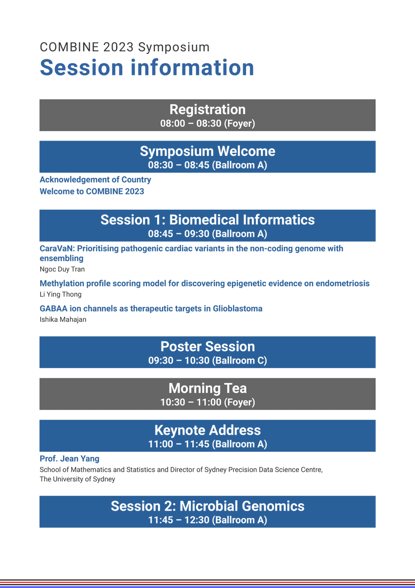 combine_au's tweet photo. 📢 The 2023 COMBINE Symposium Program is here! Join us for a day filled with the latest compbio and bioinformatics from students across Australia, followed by the ABACBS Welcome Reception 🧬✨ It's not too late to register if you haven't already! See you in Brisbane soon! 🌇 https://t.co/ELeKX5rcdr