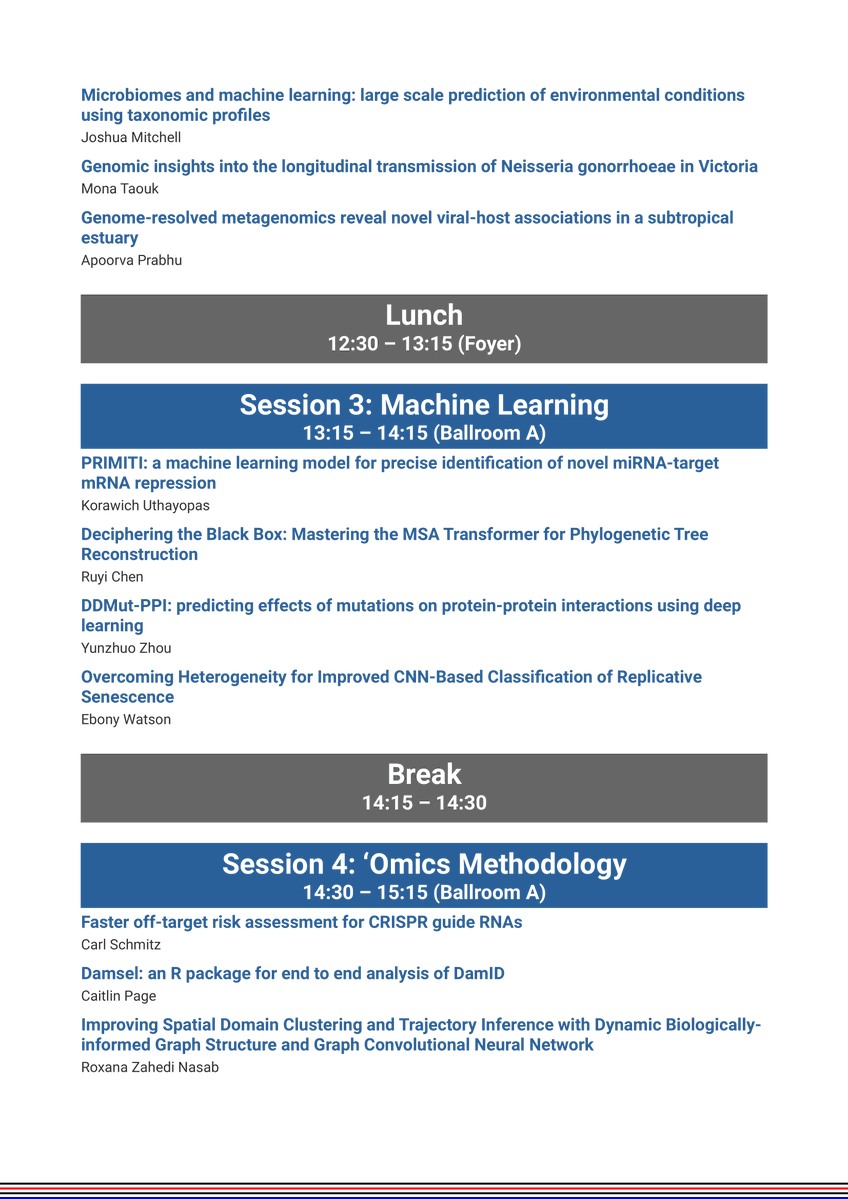 combine_au's tweet photo. 📢 The 2023 COMBINE Symposium Program is here! Join us for a day filled with the latest compbio and bioinformatics from students across Australia, followed by the ABACBS Welcome Reception 🧬✨ It's not too late to register if you haven't already! See you in Brisbane soon! 🌇 https://t.co/ELeKX5rcdr