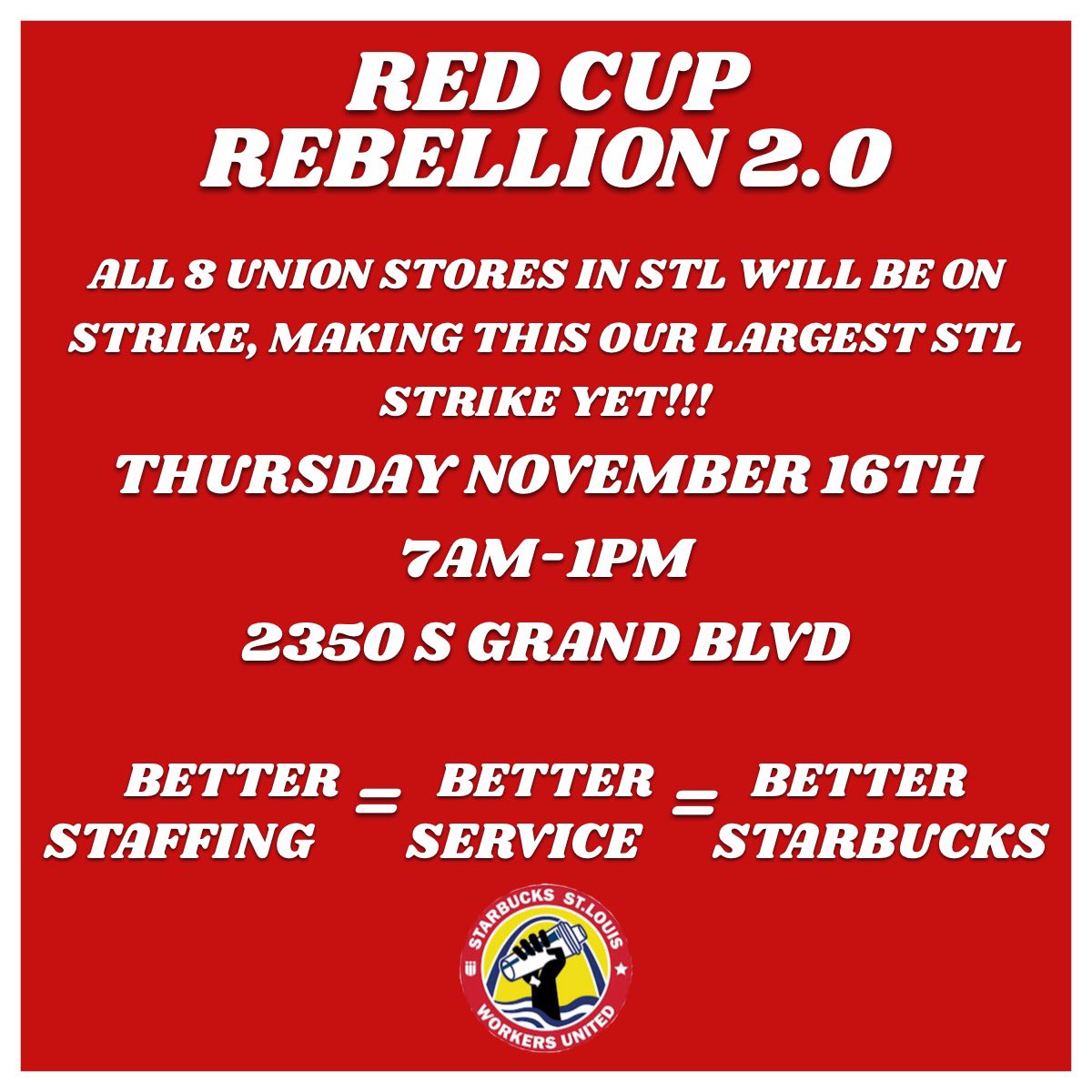 RCR IS BACK & BETTER THAN EVER HERE IN STL! Come out on 11/16 as all 8 STL union shops go on strike over SBUX’s refusal to bargain over staffing for promo days. This is our largest strike yet, join us on the picket line & tell SBUX to join us at the bargaining table 🥤💪🏼