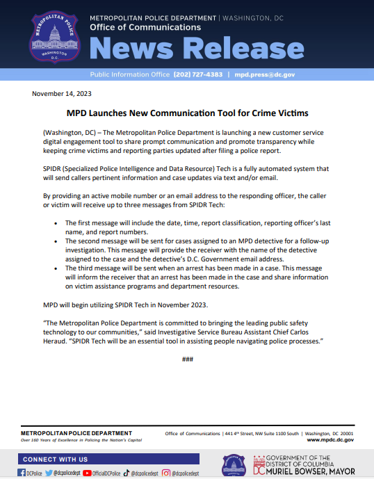 DCPoliceDept's tweet photo. MPD Launches New Communication Tool for Crime Victims

Read more: https://t.co/vYrEkmlxyP https://t.co/FTcqq3k3MW
