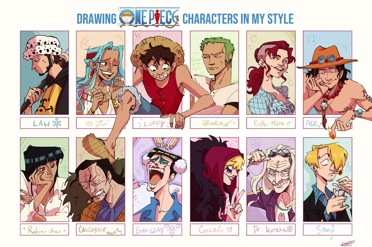 noitsnotacookie's tweet photo. drawing one piece characters in my style!!! finally done 😤✌️🏽✨

thank you all for your suggestions, this was so fun!! (and also helped tremendously with my art block lol) <3 https://t.co/ek68GtgyQy