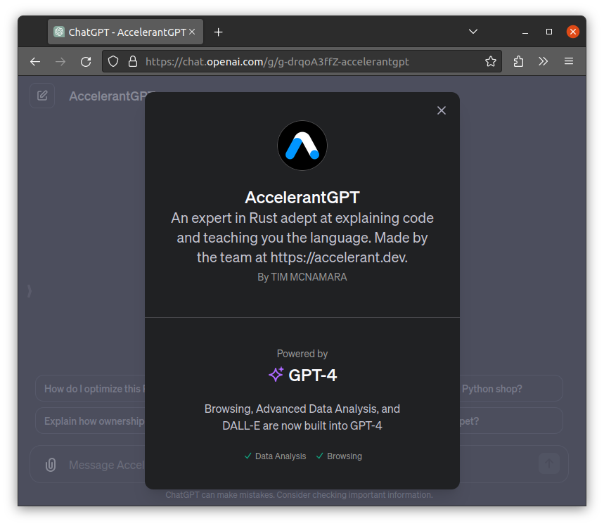 Introducing AccelerantGPT, an expert in Rust  adept at explaining code and teaching you the language. You're welcome  to try it out! chat.openai.com/g/g-drqoA3ffZ-…