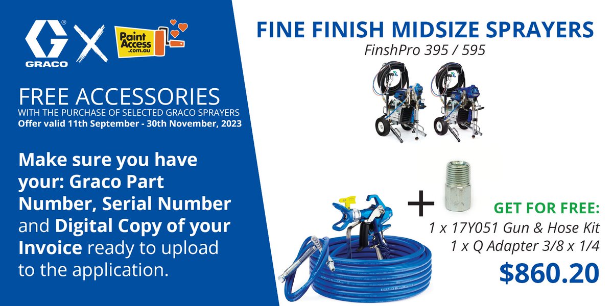 paintaccess's tweet photo. Free accessories... with the purchase of selected Graco paint sprayers. Prepare your documents and claim your free accessories today! (Continues until 30 November 2023). 

👉 https://t.co/eera9lktfx 

#paintaccess #graco #freeaccessories #paintsprayers #tradies #smallbusiness https://t.co/aK2hCj4Xzv