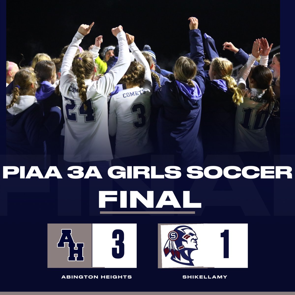 The Comets are headed to the State Finals! Tonight, our Girls fought to the end to keep their historic season alive with a 3–1 victory over Shikellamy to advance to the championship game on Saturday at 4 PM in Cumberland Valley!

#GoComets☄️