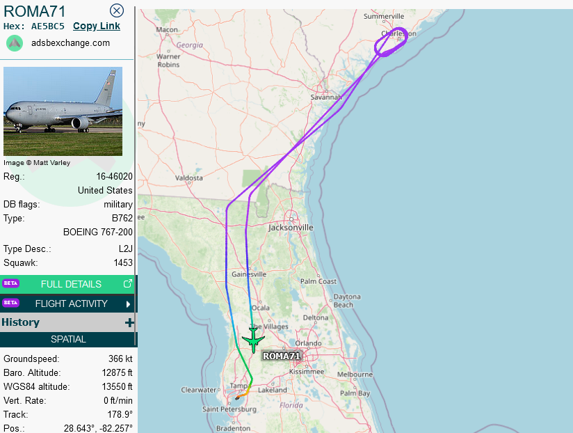 SirListenalot's tweet image. I also found that #KC46 #AE5BC5 #ROMA71 waited over Charleston for nearly two hours to pick up a second cell of #F18's but decided to return to McDill