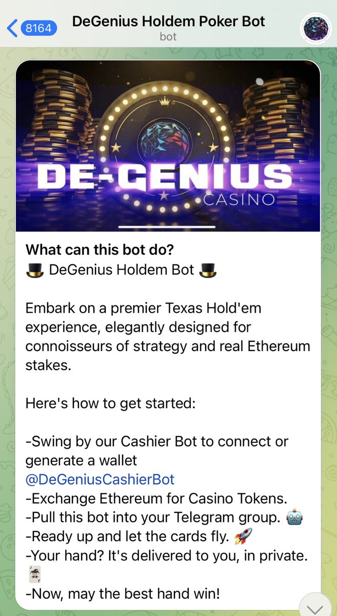 Degenius_casino's tweet photo. Degenius Casino taxes Holdem bot looks great don’t forget to check it out ! Now using eth as currency.

https://t.co/4A3z13mAAa

@DeGeniusHoldemBot https://t.co/pz1z5KfbPG