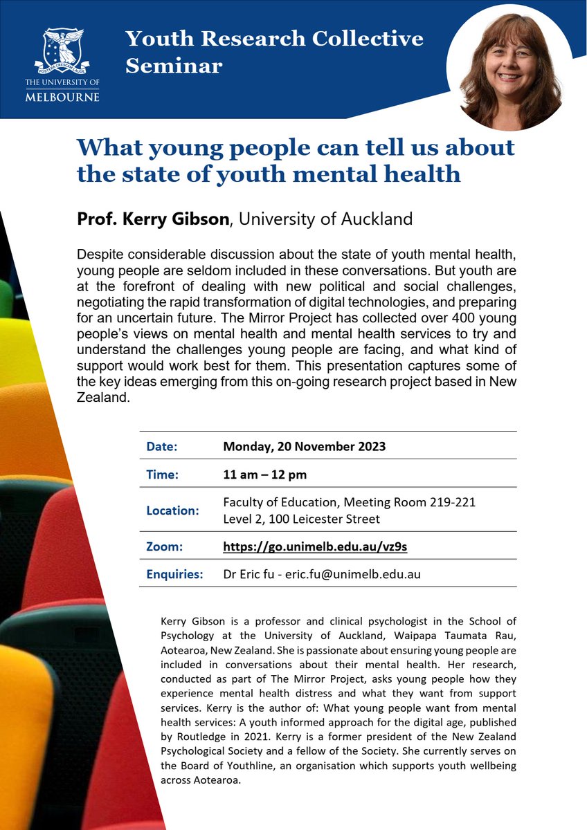 YRCunimelb (@yrcunimelb) on Twitter photo New YRC Seminar: "What young people can tell us about the state of youth mental health", by Prof. Kerry Gibson, <a href="/AucklandUni/">University of Auckland | Waipapa Taumata Rau</a> . Monday, 20 Nov., 11:00 am at <a href="/EduMelb/">Faculty of Education</a> , Level 2 and via zoom. New YRC Seminar: "What young people can tell us about the state of youth mental health", by Prof. Kerry Gibson, <a href="/AucklandUni/">University of Auckland | Waipapa Taumata Rau</a> . Monday, 20 Nov., 11:00 am at <a href="/EduMelb/">Faculty of Education</a> , Level 2 and via zoom.