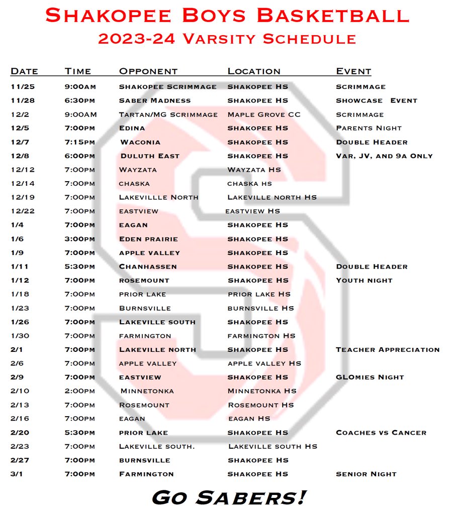 Schedule for the 2023-24 season. Come out and support the Sabers!
