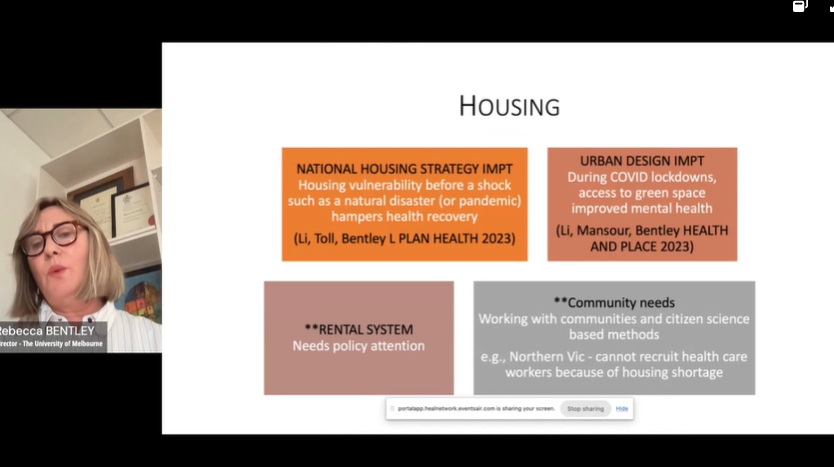 Prof Rebecca Bentley highlights the importance of addressing housing to improve public health, and integrating national policies on housing and homelessness, climate, and disease prevention. @rebecca_bentley #HEAL2023