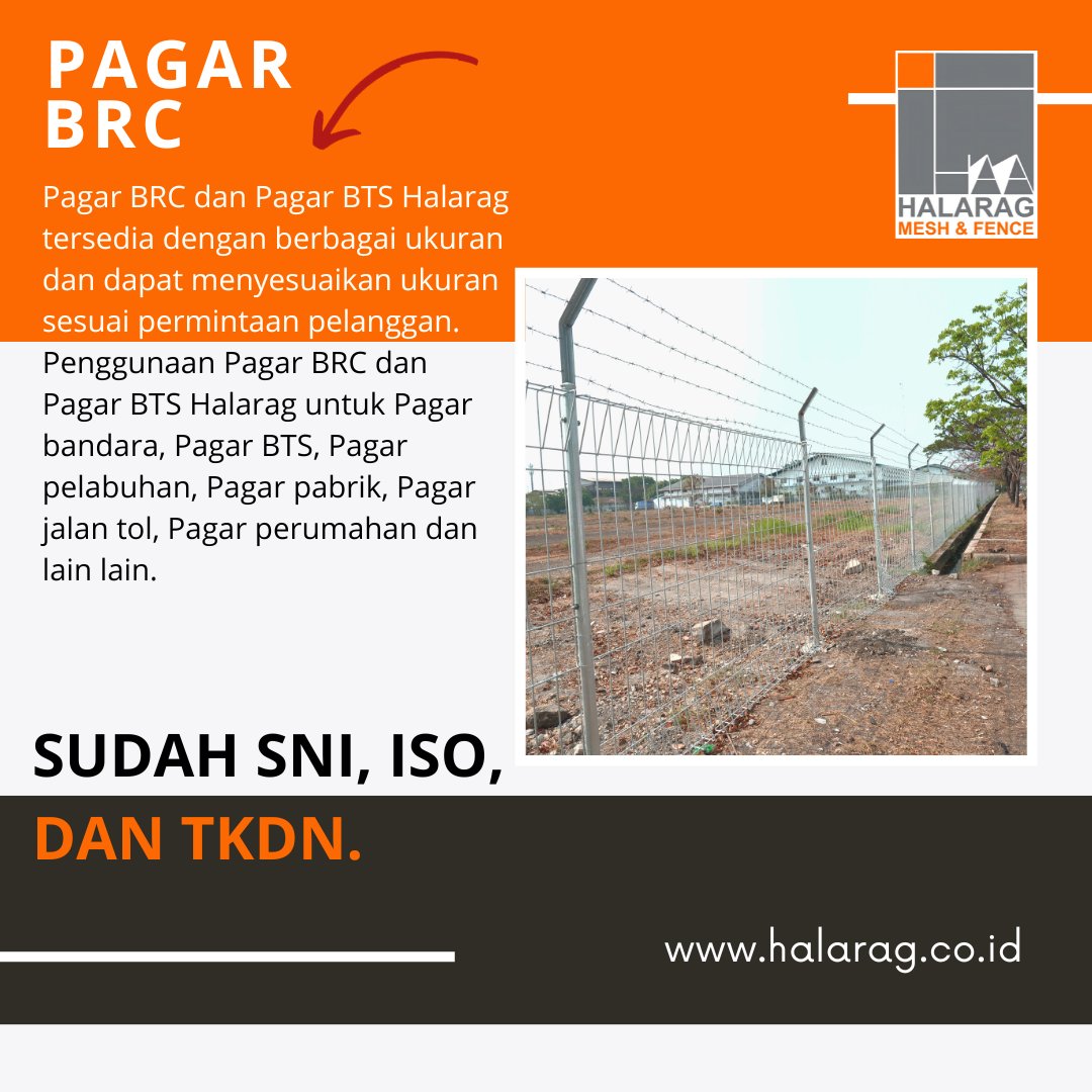 McDennyHalarag's tweet image. Pagar BRC Dan Pagar Untuk PLTS Dan Pagar Untuk BTS, Pagar Untuk Bandara - Kualitas SNI

Spesifikasi teknis Pagar BRC dan Pagar Untuk BTS Halarag merujuk pada SNI 07-4599-1998 Dan Sudah Bersertifikat TKDN

Website :
halarag.id
pabrikwiremesh.co.id/pagar-brc.html

#pagarbrc
