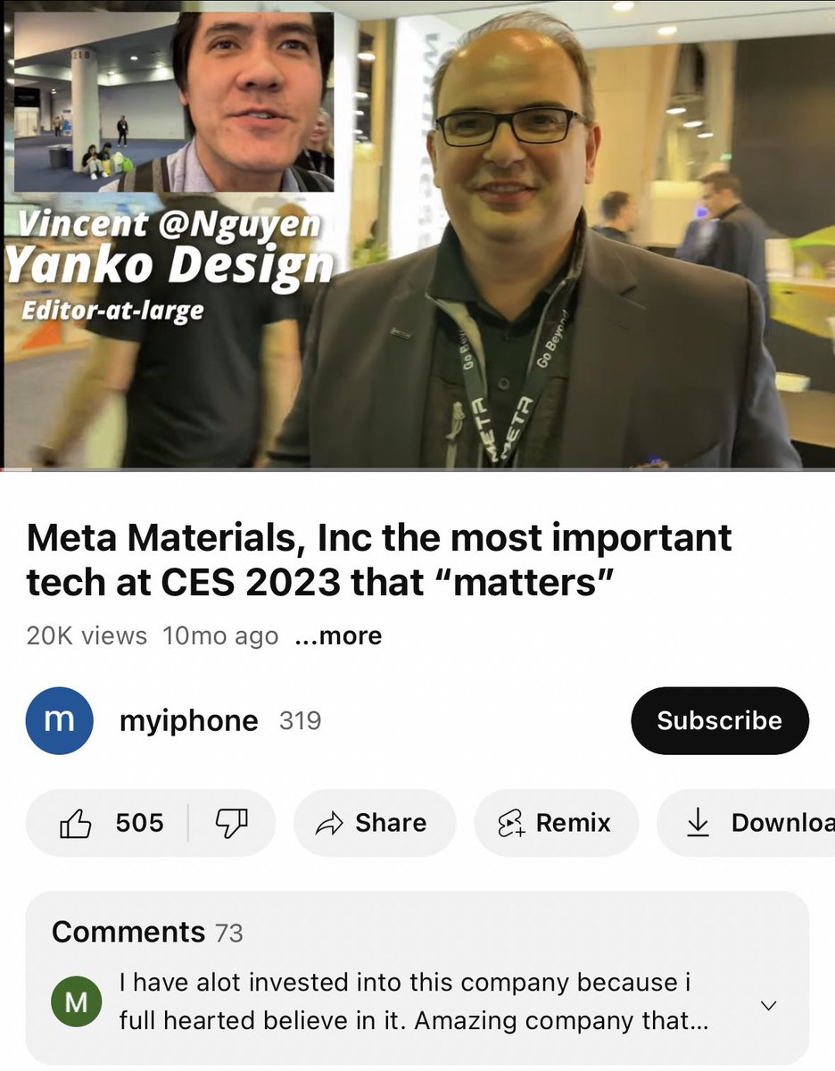 @Nguyen arrived in this community after attending CES in January and giving exposure to @Metamaterialtec in an interview initially viewed as positive media coverage for the company. Unfortunately, we learned soon after that that coverage was a complete con job. 2/8