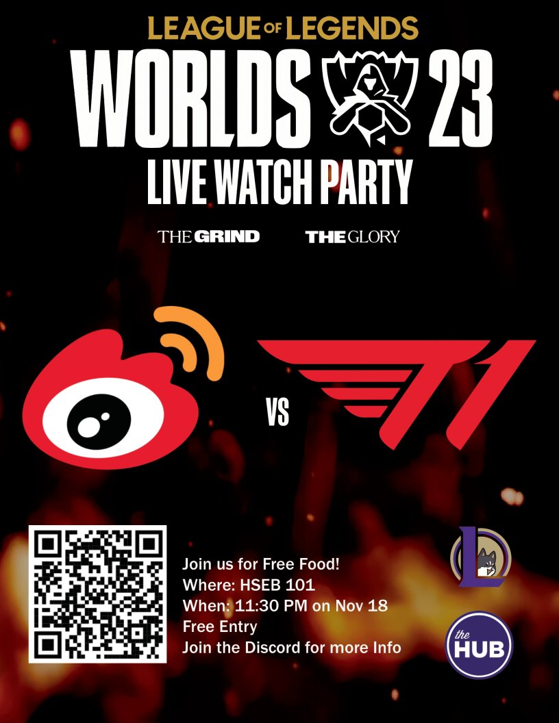 league_uw's tweet photo. IT’S WORLD’S FINALS TIME🔥🔥🔥

Join us in witnessing the conclusion of the biggest esports event of the year!

🎮T1 vs Weibo Gaming
📅November 18th, 11:30 PM
📍HSEB 101 UW’s Seattle campus

✨No entry fee
✨Free snacks and refreshments
✨RSVP at our discord server!

#Worlds2023 https://t.co/RT6FM1bT3O
