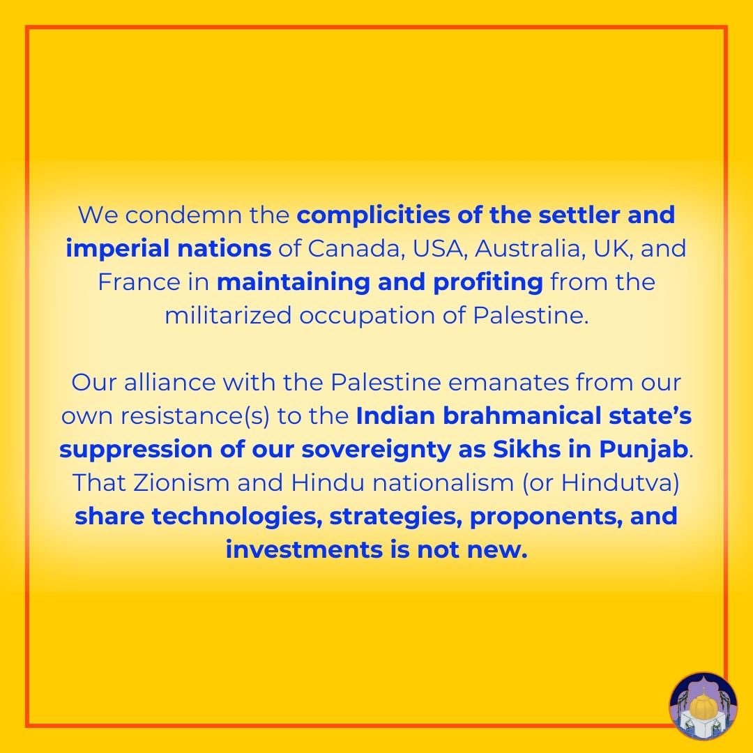 halemilehar's tweet photo. We, as a collective of Sikh organizations, with the Hukam (“Command”) of our Guru, extend our unequivocal support and solidarity to the Palestinian peoples in their fight against Israel’s genocidal military occupation.

Read full letter: https://t.co/DOGa5lncf3 https://t.co/waW6Y03IQA