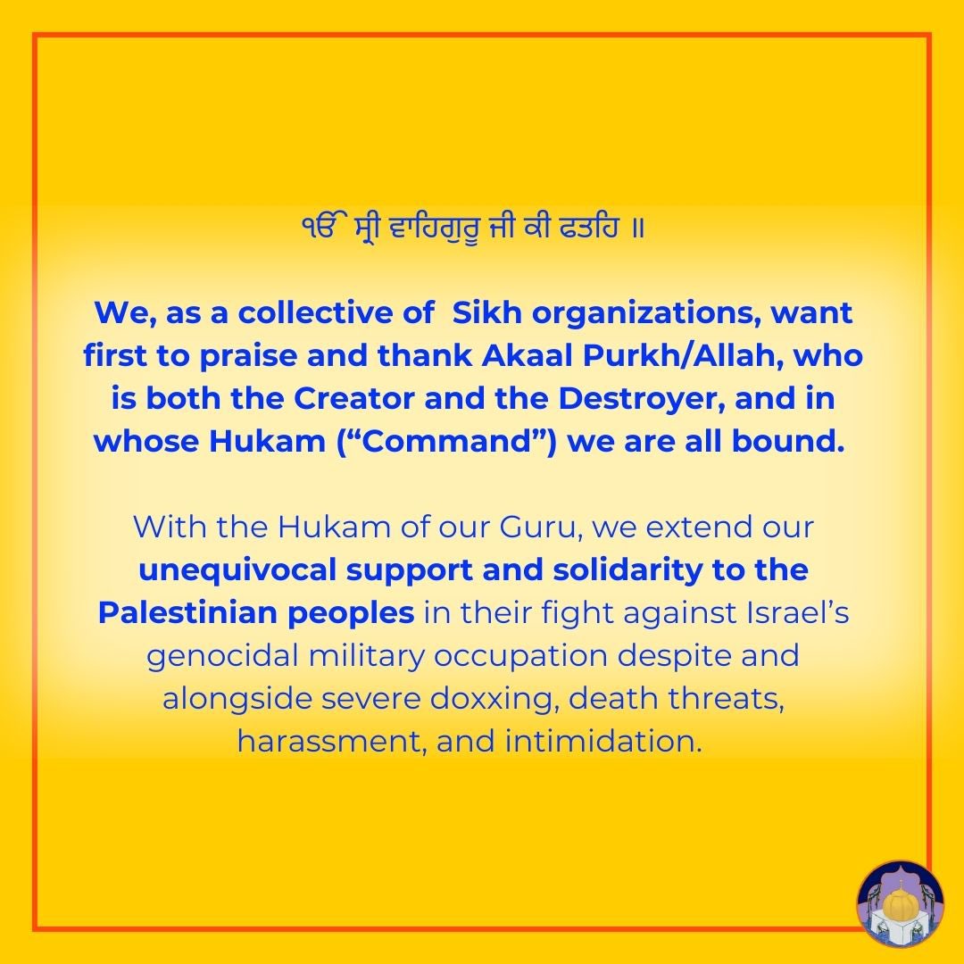 halemilehar's tweet photo. We, as a collective of Sikh organizations, with the Hukam (“Command”) of our Guru, extend our unequivocal support and solidarity to the Palestinian peoples in their fight against Israel’s genocidal military occupation.

Read full letter: https://t.co/DOGa5lncf3 https://t.co/waW6Y03IQA