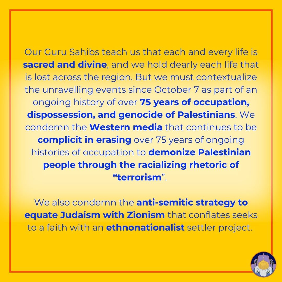 halemilehar's tweet photo. We, as a collective of Sikh organizations, with the Hukam (“Command”) of our Guru, extend our unequivocal support and solidarity to the Palestinian peoples in their fight against Israel’s genocidal military occupation.

Read full letter: https://t.co/DOGa5lncf3 https://t.co/waW6Y03IQA