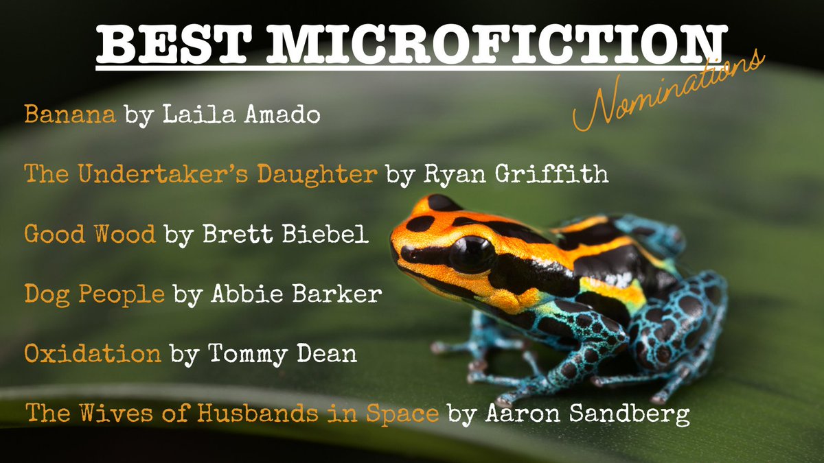 We are thrilled and honored to be able to nominate these incredible stories for the 2024 <a href="/bestmicrofic/">…</a> anthology!

<a href="/onbonbon7/">Laila Amado 🇺🇦</a>, @bbl_brett, @AbbieMBarker, <a href="/TommyDeanWriter/">Tommy Dean (is open to queries)</a>, Ryan Griffith, Aaron Sandberg