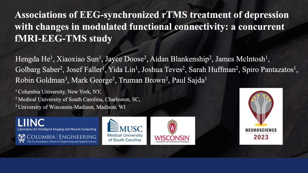 Hengda He (@hengdahe) on Twitter photo Check out the nanosymposium <a href="/SfNtweets/">Society for Neuroscience (SfN)</a> on fMRI-EEG-TMS for depression treatment.
NANO89.11 Associations of EEG-synchronized rTMS treatment of depression with changes in modulated functional connectivity: a concurrent fMRI-EEG-TMS study
Nov 15 Wed 3:30pm-3:45pm WCC152B #SfN23 Check out the nanosymposium <a href="/SfNtweets/">Society for Neuroscience (SfN)</a> on fMRI-EEG-TMS for depression treatment.
NANO89.11 Associations of EEG-synchronized rTMS treatment of depression with changes in modulated functional connectivity: a concurrent fMRI-EEG-TMS study
Nov 15 Wed 3:30pm-3:45pm WCC152B #SfN23