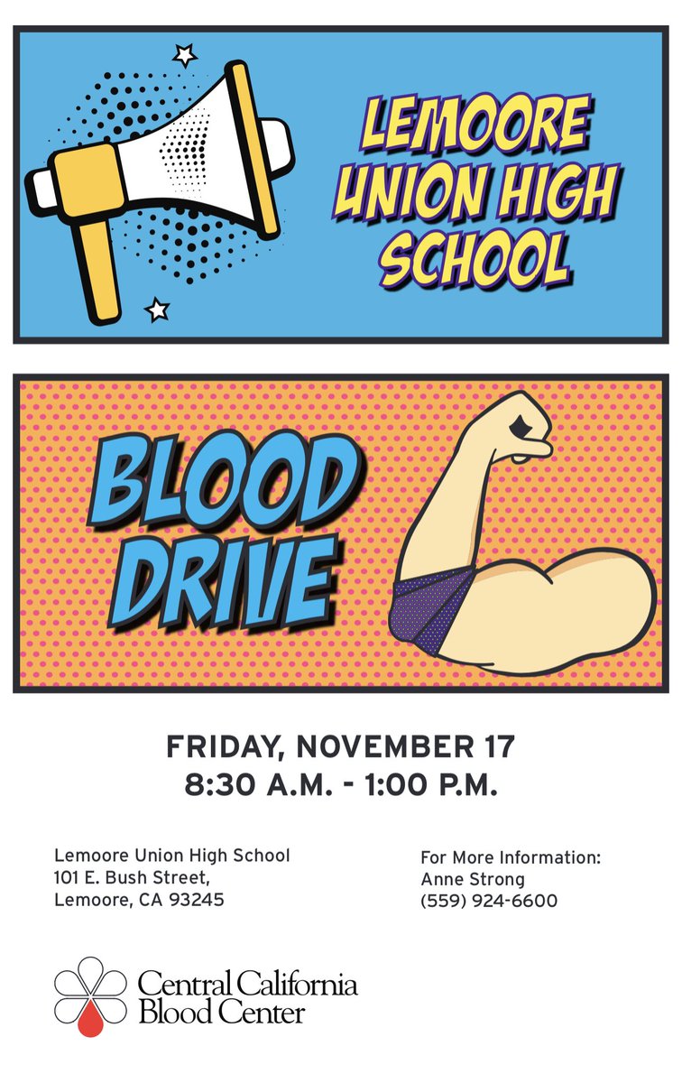 LemooreASB's tweet photo. Hey Tigers!! 🐯We will be having our annual Fall Blood Drive on Friday November 17th in the Main Gym.  Leaders will be visiting each English classroom on Wednesday November 8th to give information and take student sign-ups. If you have any questions go to room 15. https://t.co/Nz8mpfA6GW