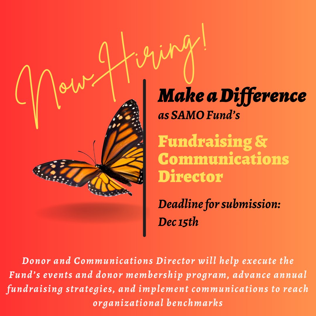 Apply by: 12/15/23
Start Date: Immediate, not later than Jan 31, 2024
Position: Onsite, full-time, exempt employee, with occasional weekends and evenings

For more info: samofund.org/job-opportunit…

#SAMOFund #JobOpportunities #NonProfit #Jobs