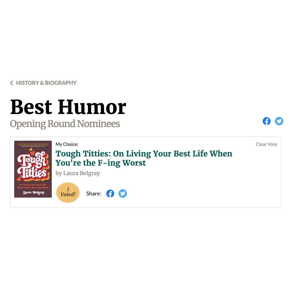 This is big! I’m up for a Goodreads Award and it may come down to me VS Fonzie — ayyyy 👍👍. If you’re torn, same here. But I voted for Tough Titties and I hope you will too! goodreads.com/choiceawards/b… #goodreads #readerschoiceawards