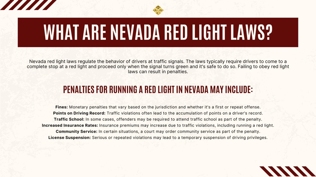 Navigate Nevada's traffic signals with caution! Running a red light can lead to fines, points on your record, increased insurance rates, and even license suspension. 
#NevadaTrafficLaws #DriveSafe #TrafficSignals #RoadSafety #RedLightViolation #SafeDriving #TrafficRules