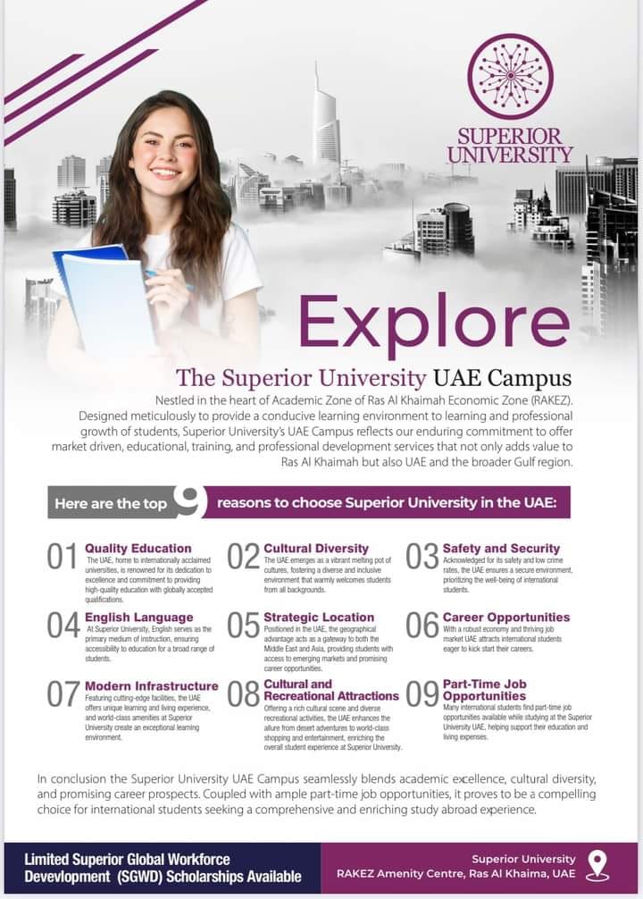 Embark on a transformative journey!
Join Superior University UAE Campus through 1M with global experience.
Shape your Global Career

#SEC #3U1M #Global #uaeeducation #GlobalExperience #StudentSuccess #SuperiorUniversity #BiggerBolderSuperior