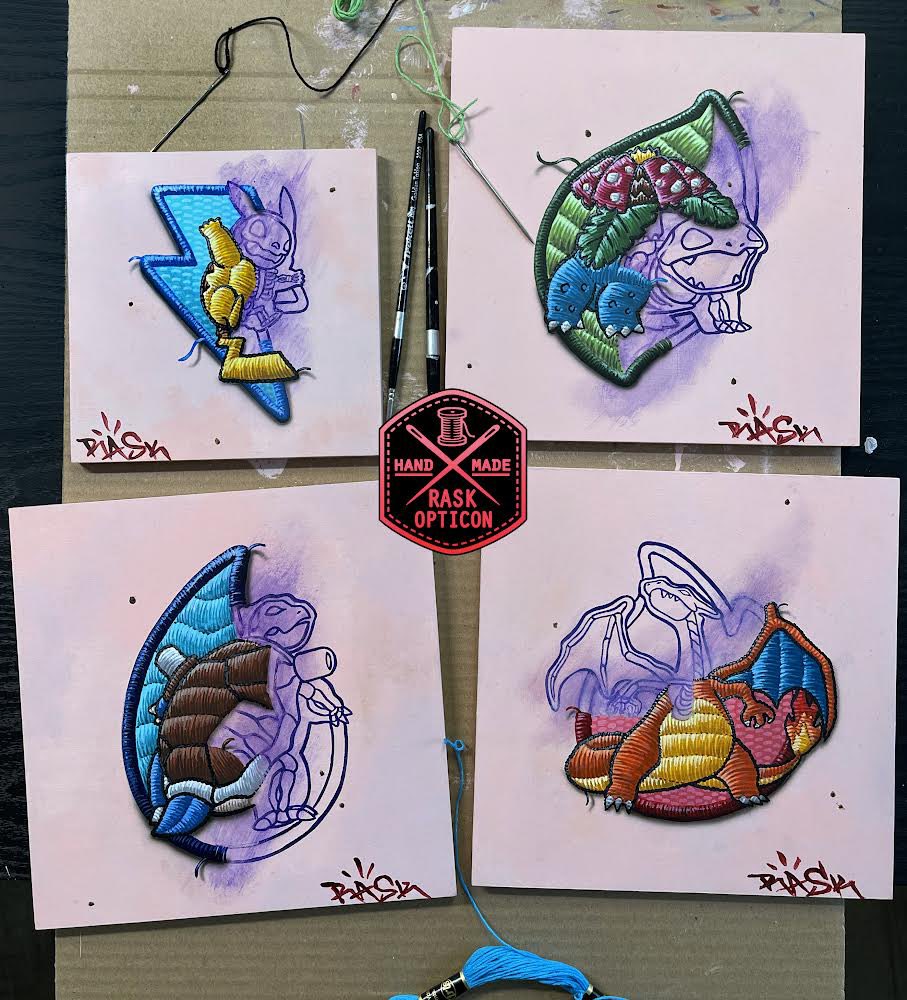 Raskopticon's tweet photo. My 4 Pokémon in an embroidery patch tattoo style painting!! 🪡🧵🎨 instead of tattooing them, I painted them this time. It was nice to take a break from tattooing for a bit. #art #patchpainting #embroiderypainting #patchtattoo #pokemonart https://t.co/0c22x26u6h