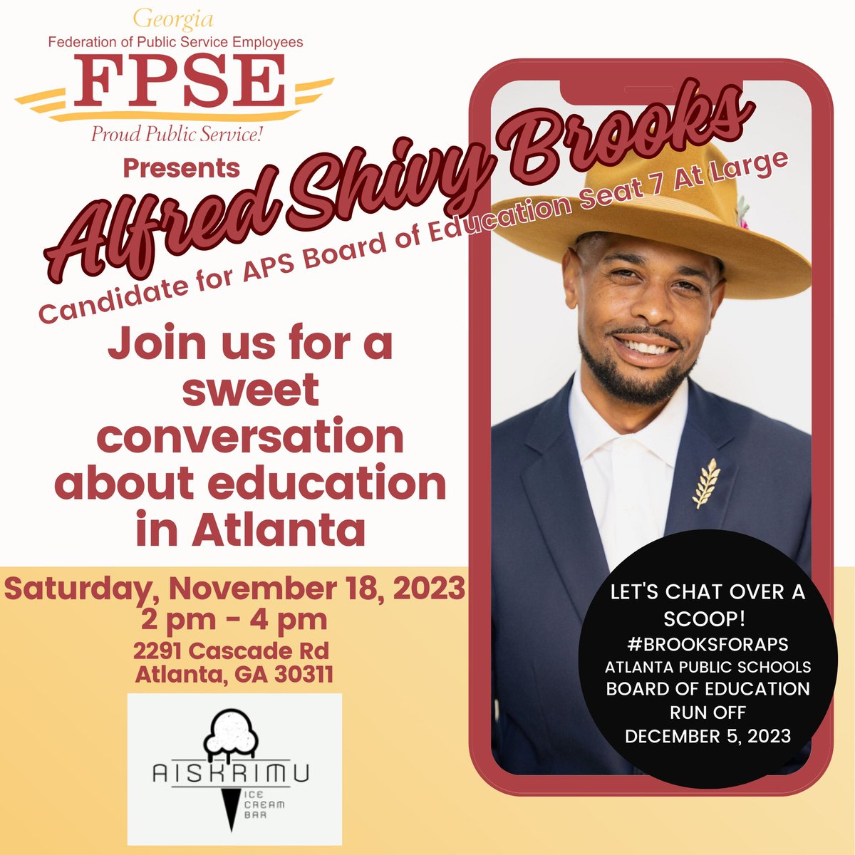 JenWinSaunders's tweet photo. Join me &amp; @GeorgiaFPSE this Saturday #afterchurch at Aiskrimu for a sweet conversation with Alfred Shivy Brooks. #mytreat #sweetdemocracy #electioneats #dessertdemocracy https://t.co/1Qa0GgpzXK