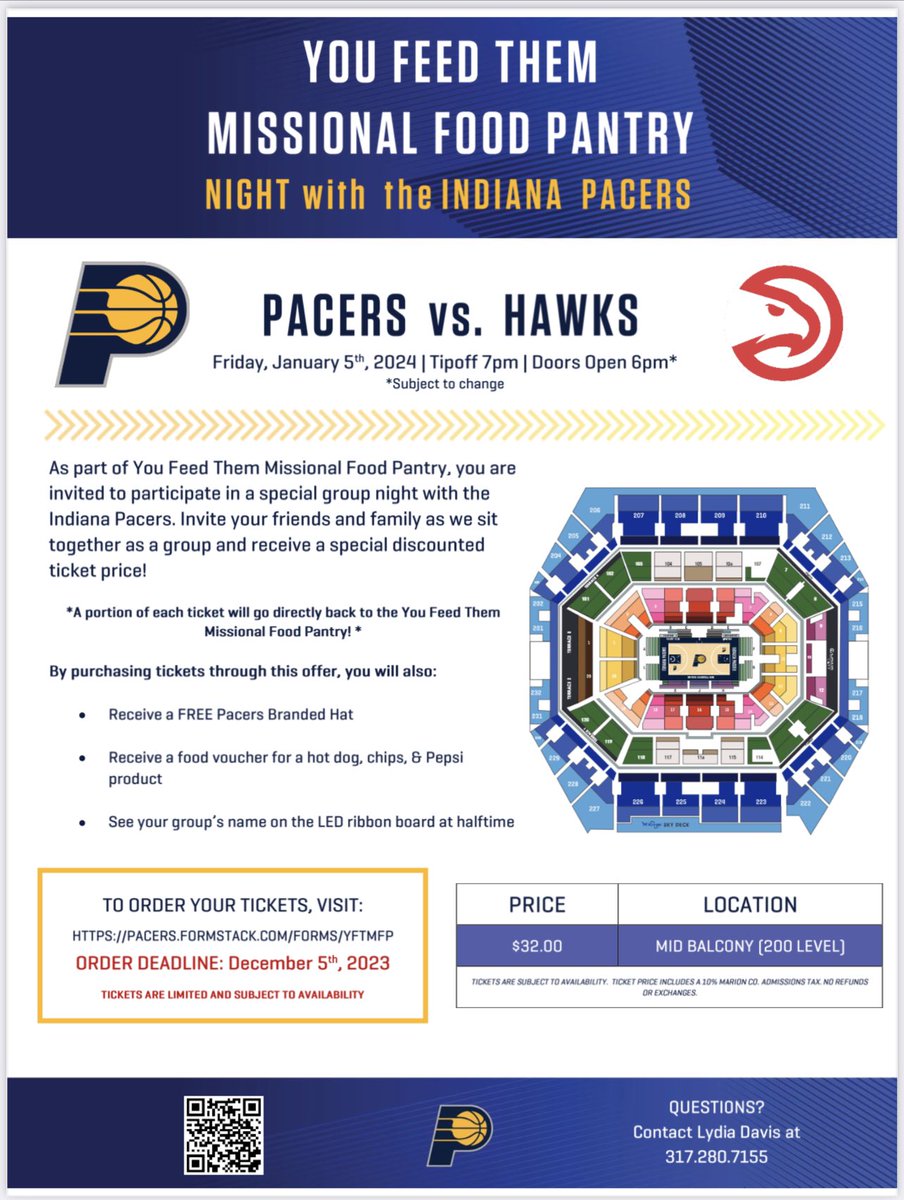 YouFeedThemMFP's tweet image. #LetsGoPacers! Here are two more opportunities to support and join us for nights of fun and fellowship as we cheer on the #Pacers and fund raise for our Missional Food Pantry! Purchase your tickets today! A portion of every ticket sold using the QR code or the link provided on
