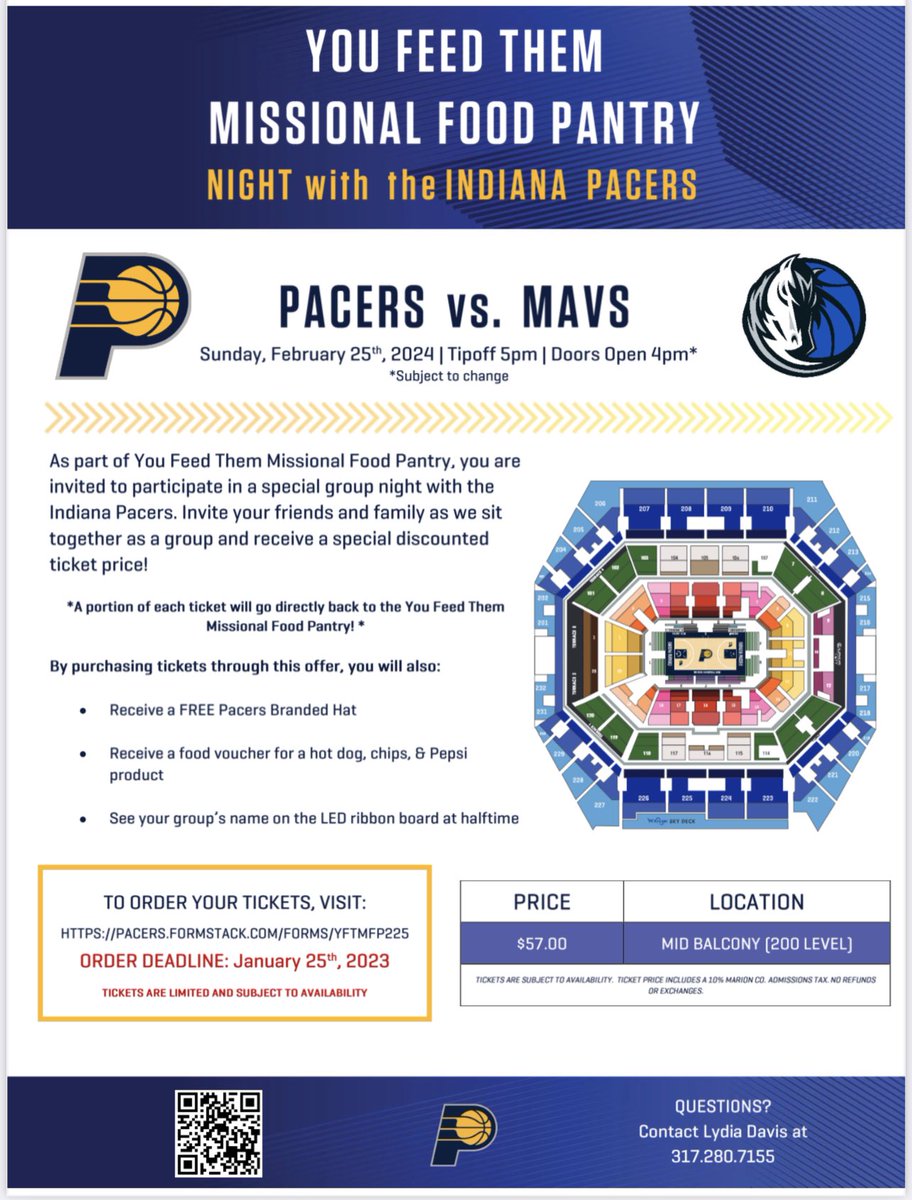 YouFeedThemMFP's tweet image. #LetsGoPacers! Here are two more opportunities to support and join us for nights of fun and fellowship as we cheer on the #Pacers and fund raise for our Missional Food Pantry! Purchase your tickets today! A portion of every ticket sold using the QR code or the link provided on